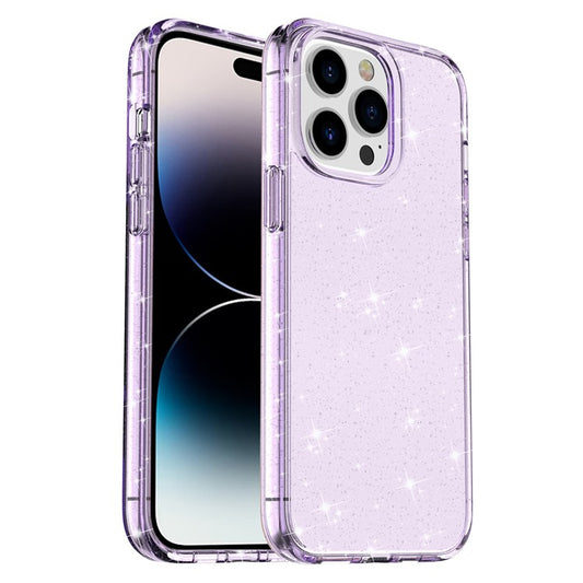 Glittery Powder Smart Phone Case for iPhone 14 Pro, Anti-drop TPU Edge + PC Back Cover - Purple
