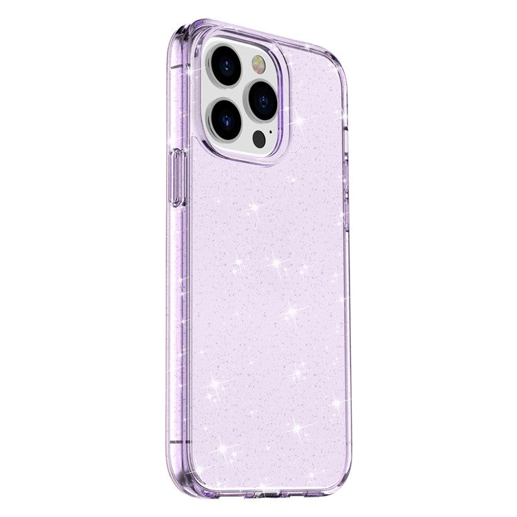 Glittery Powder Smart Phone Case for iPhone 14 Pro, Anti-drop TPU Edge + PC Back Cover - Purple