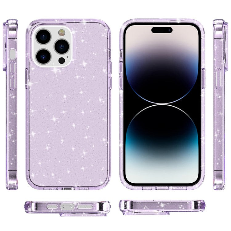 Glittery Powder Smart Phone Case for iPhone 14 Pro, Anti-drop TPU Edge + PC Back Cover - Purple