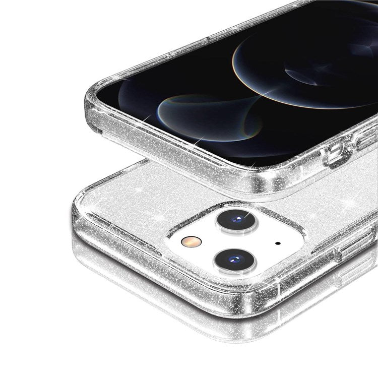 Glittery Powder Soft TPU Hard PC Case for iPhone 14 Plus 6.7 inch, Anti-scratch Protective Phone Cover - White