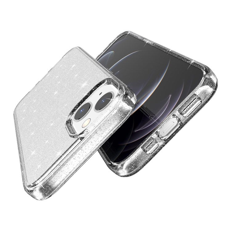Glittery Powder Soft TPU Hard PC Case for iPhone 14 Plus 6.7 inch, Anti-scratch Protective Phone Cover - White