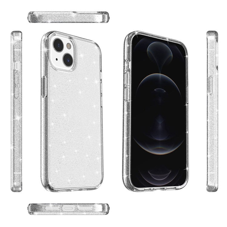 Glittery Powder Soft TPU Hard PC Case for iPhone 14 Plus 6.7 inch, Anti-scratch Protective Phone Cover - White