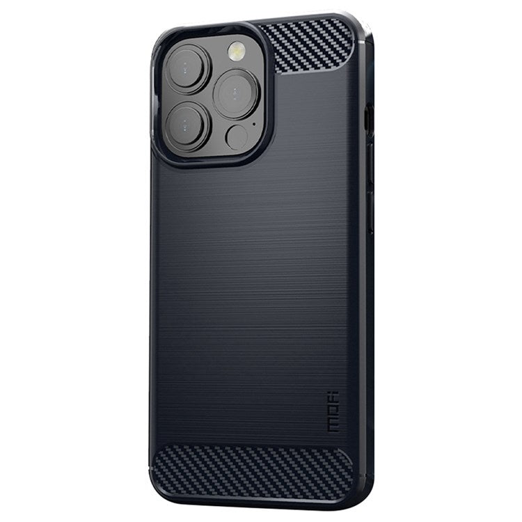MOFI for iPhone 14 Pro 6.1 inch Anti-fingerprint Soft TPU Back Cover Brushed Surface Anti-oil Carbon Fiber Phone Case - Blue