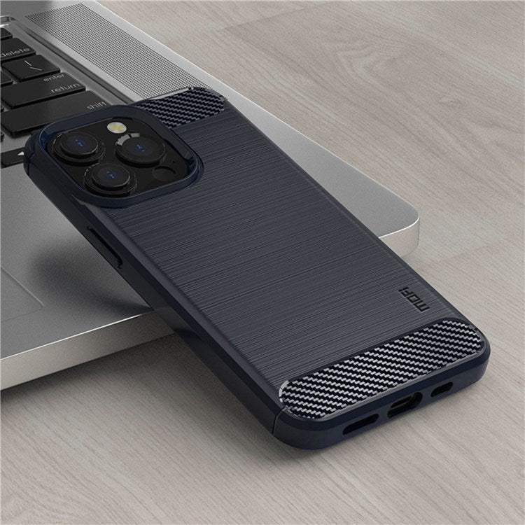MOFI for iPhone 14 Pro 6.1 inch Anti-fingerprint Soft TPU Back Cover Brushed Surface Anti-oil Carbon Fiber Phone Case - Blue