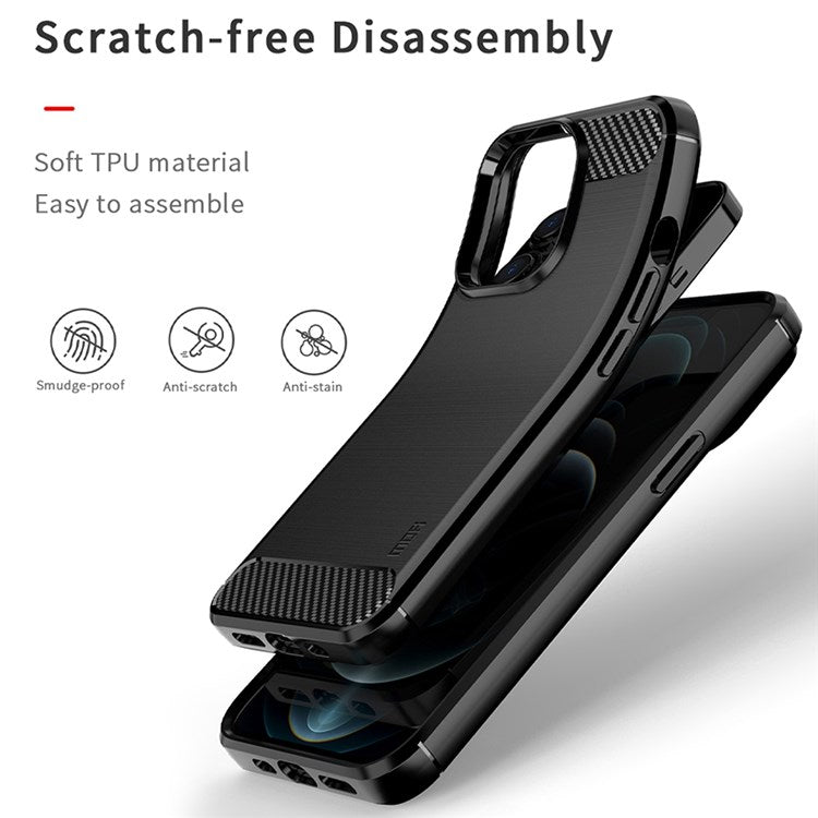 MOFI for iPhone 14 Pro 6.1 inch Anti-fingerprint Soft TPU Back Cover Brushed Surface Anti-oil Carbon Fiber Phone Case - Blue