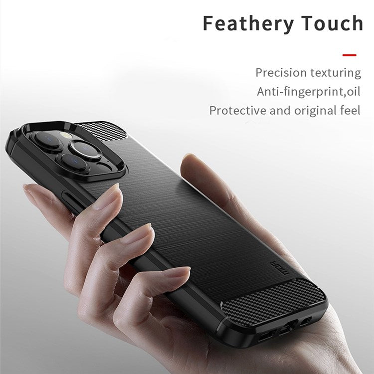 MOFI for iPhone 14 Pro 6.1 inch Anti-fingerprint Soft TPU Back Cover Brushed Surface Anti-oil Carbon Fiber Phone Case - Blue