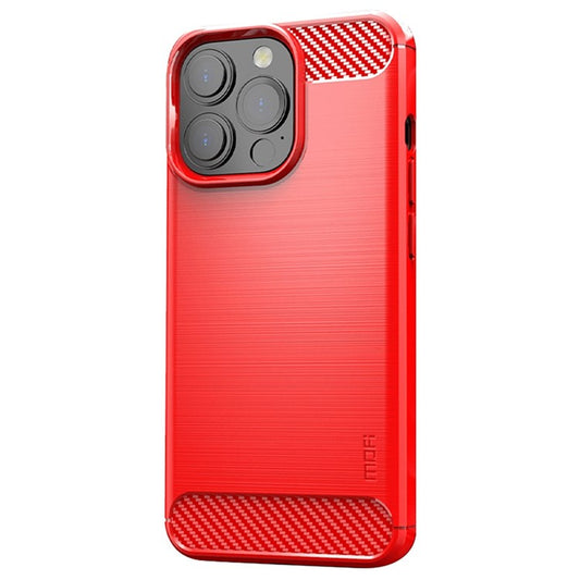 MOFI for iPhone 14 Pro Max 6.7 inch Slim Fit Carbon Fiber Texture Soft TPU Back Cover Brushed Surface Anti-oil Phone Case - Red