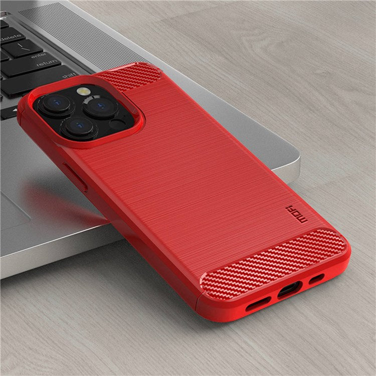 MOFI for iPhone 14 Pro Max 6.7 inch Slim Fit Carbon Fiber Texture Soft TPU Back Cover Brushed Surface Anti-oil Phone Case - Red