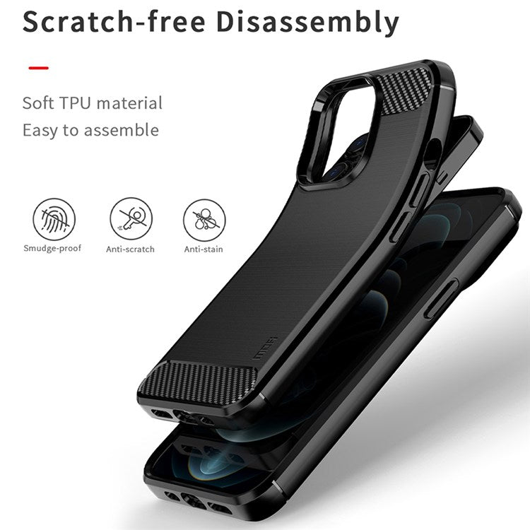 MOFI for iPhone 14 Pro Max 6.7 inch Slim Fit Carbon Fiber Texture Soft TPU Back Cover Brushed Surface Anti-oil Phone Case - Red