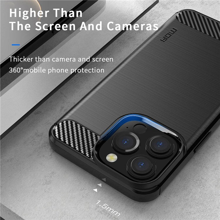 MOFI for iPhone 14 Pro Max 6.7 inch Slim Fit Carbon Fiber Texture Soft TPU Back Cover Brushed Surface Anti-oil Phone Case - Red