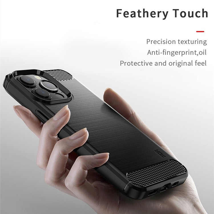 MOFI for iPhone 14 Pro Max 6.7 inch Slim Fit Carbon Fiber Texture Soft TPU Back Cover Brushed Surface Anti-oil Phone Case - Red