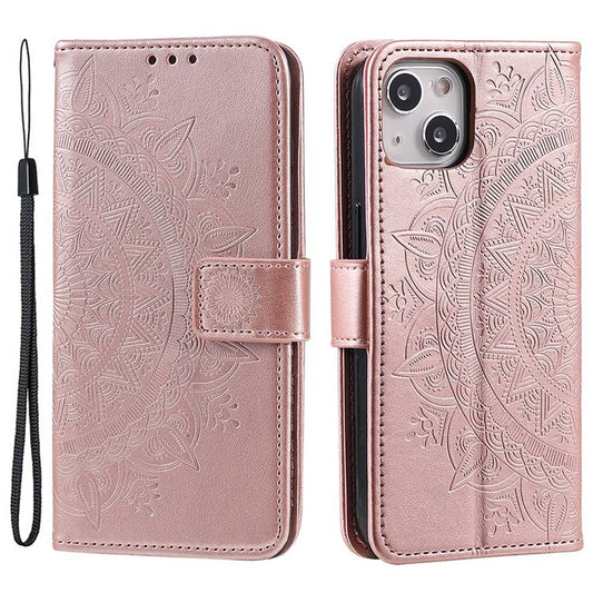 For iPhone 14 6.1 inch Imprinted Mandala Flower Pattern Folding Stand PU Leather Case Magnetic Clasp Wallet Flip Cover with Strap - Rose Gold