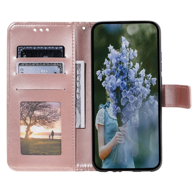For iPhone 14 6.1 inch Imprinted Mandala Flower Pattern Folding Stand PU Leather Case Magnetic Clasp Wallet Flip Cover with Strap - Rose Gold