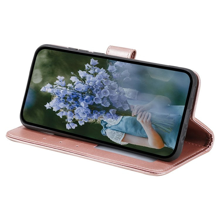 For iPhone 14 6.1 inch Imprinted Mandala Flower Pattern Folding Stand PU Leather Case Magnetic Clasp Wallet Flip Cover with Strap - Rose Gold