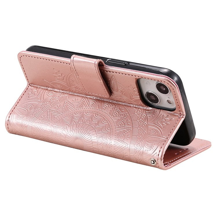 For iPhone 14 6.1 inch Imprinted Mandala Flower Pattern Folding Stand PU Leather Case Magnetic Clasp Wallet Flip Cover with Strap - Rose Gold