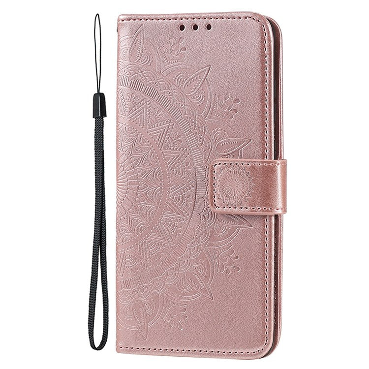 For iPhone 14 6.1 inch Imprinted Mandala Flower Pattern Folding Stand PU Leather Case Magnetic Clasp Wallet Flip Cover with Strap - Rose Gold