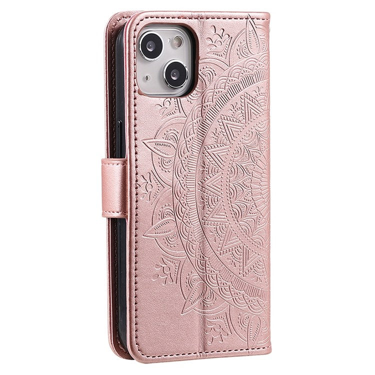 For iPhone 14 6.1 inch Imprinted Mandala Flower Pattern Folding Stand PU Leather Case Magnetic Clasp Wallet Flip Cover with Strap - Rose Gold