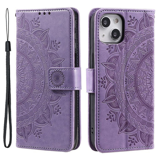 For iPhone 14 Plus 6.7 inch Wallet Case Imprinted Mandala Flower Pattern PU Leather Wrist Strap Stand Feature Flip Cover - Purple