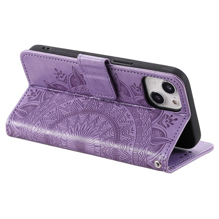 For iPhone 14 Plus 6.7 inch Wallet Case Imprinted Mandala Flower Pattern PU Leather Wrist Strap Stand Feature Flip Cover - Purple