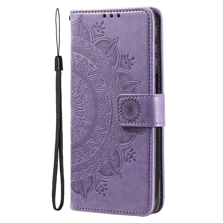 For iPhone 14 Plus 6.7 inch Wallet Case Imprinted Mandala Flower Pattern PU Leather Wrist Strap Stand Feature Flip Cover - Purple