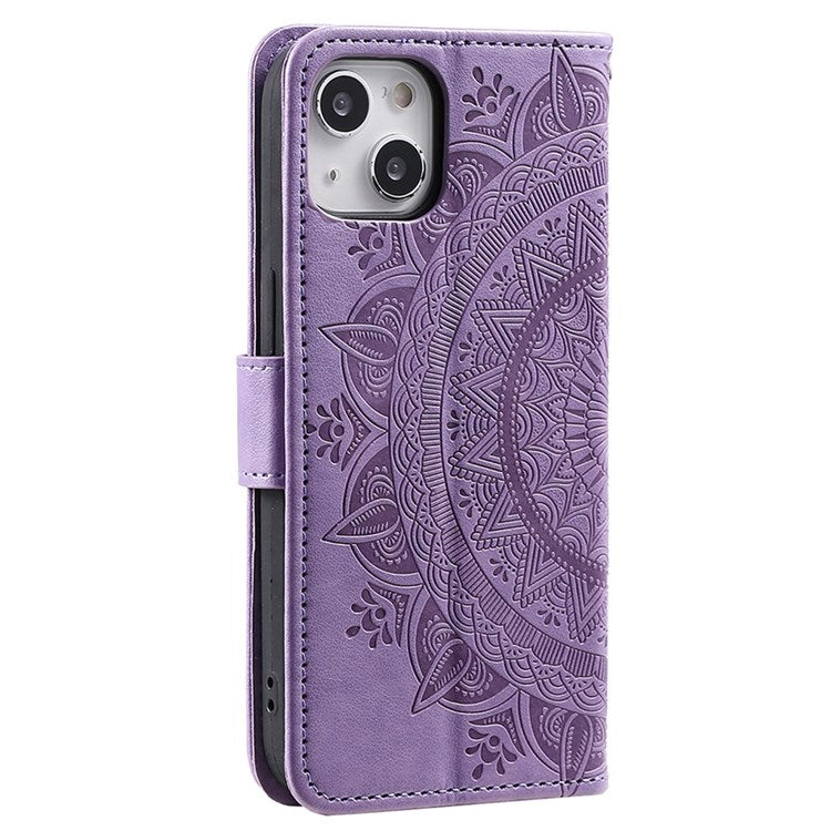 For iPhone 14 Plus 6.7 inch Wallet Case Imprinted Mandala Flower Pattern PU Leather Wrist Strap Stand Feature Flip Cover - Purple