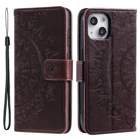 For iPhone 14 Plus 6.7 inch Wallet Case Imprinted Mandala Flower Pattern PU Leather Wrist Strap Stand Feature Flip Cover - Brown
