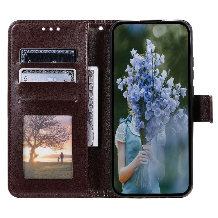 For iPhone 14 Plus 6.7 inch Wallet Case Imprinted Mandala Flower Pattern PU Leather Wrist Strap Stand Feature Flip Cover - Brown