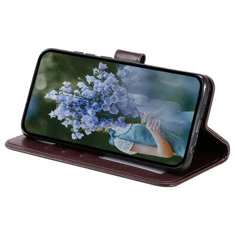 For iPhone 14 Plus 6.7 inch Wallet Case Imprinted Mandala Flower Pattern PU Leather Wrist Strap Stand Feature Flip Cover - Brown