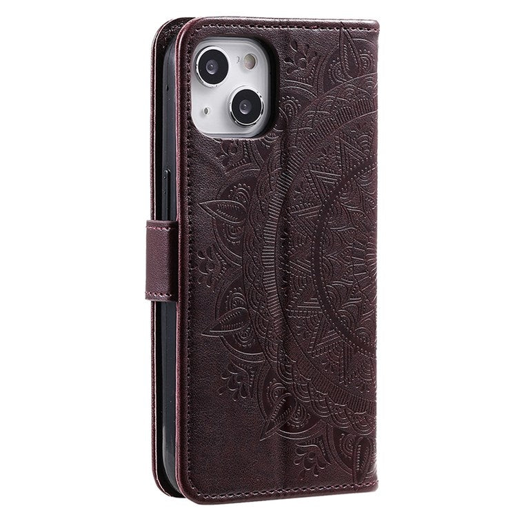 For iPhone 14 Plus 6.7 inch Wallet Case Imprinted Mandala Flower Pattern PU Leather Wrist Strap Stand Feature Flip Cover - Brown