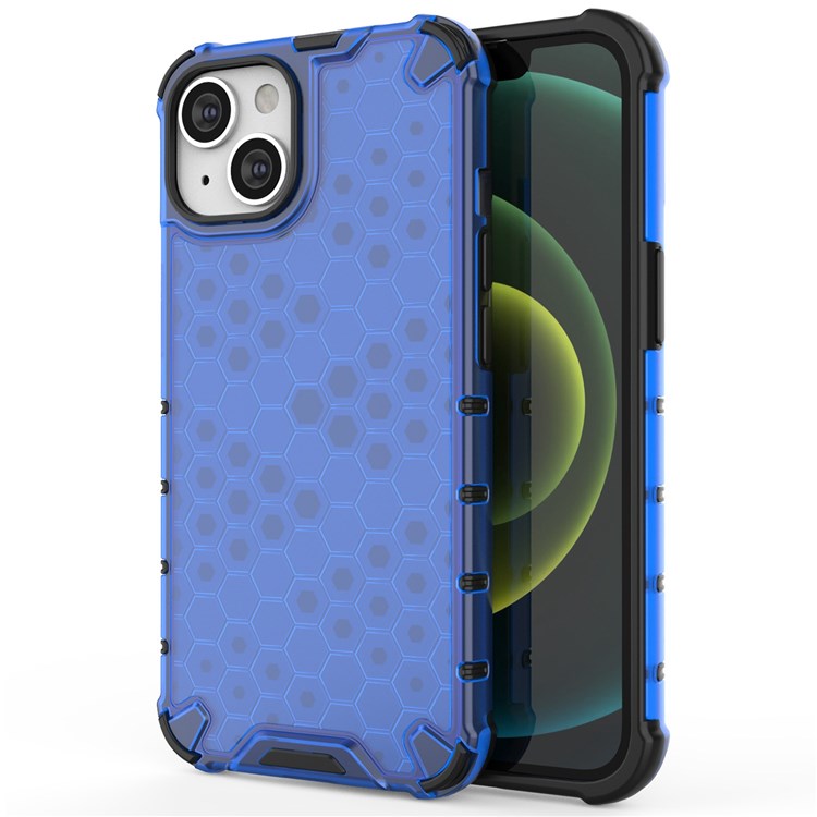Honeycomb Textured Shockproof Phone Case for iPhone 14 Plus 6.7 inch, Soft TPU + Hard PC Back Cover - Blue