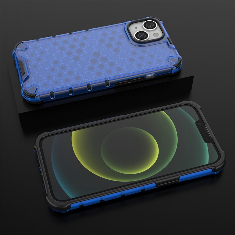 Honeycomb Textured Shockproof Phone Case for iPhone 14 Plus 6.7 inch, Soft TPU + Hard PC Back Cover - Blue