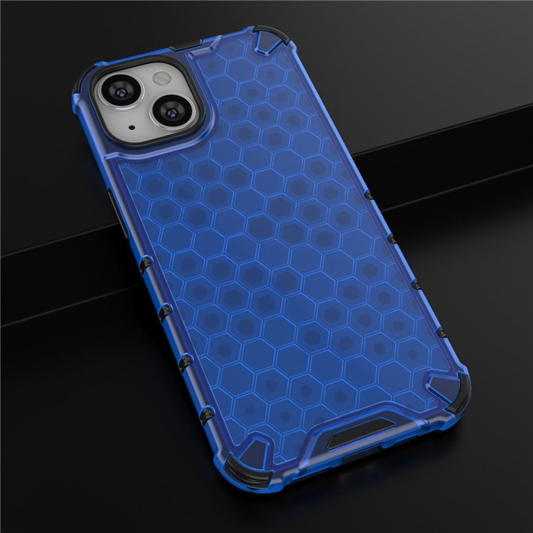 Honeycomb Textured Shockproof Phone Case for iPhone 14 Plus 6.7 inch, Soft TPU + Hard PC Back Cover - Blue