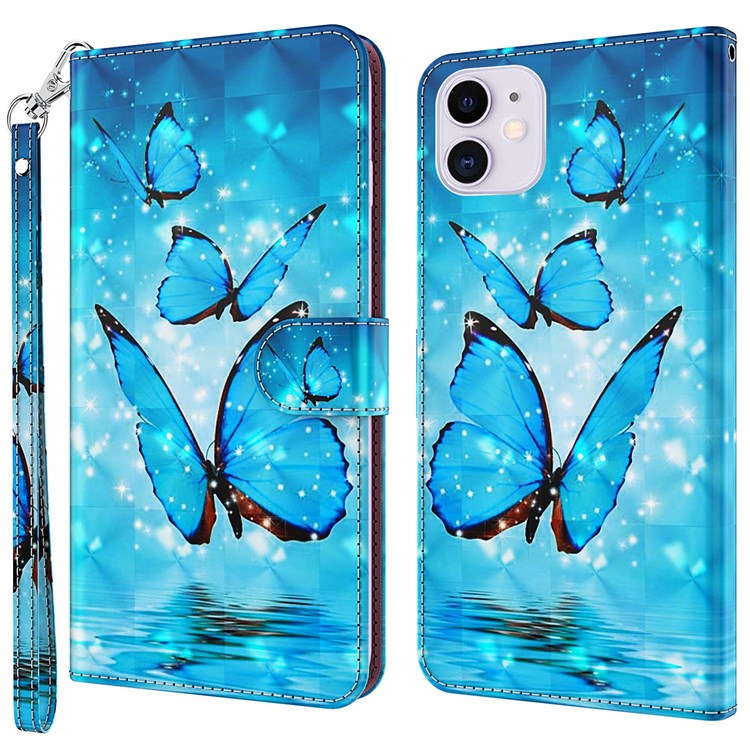 For iPhone 14 6.1 inch Shockproof PU Leather Phone Case Stand 3D Pattern Printed Magnet Closure Wallet Full Protection Phone Cover with Strap - Blue Butterflies
