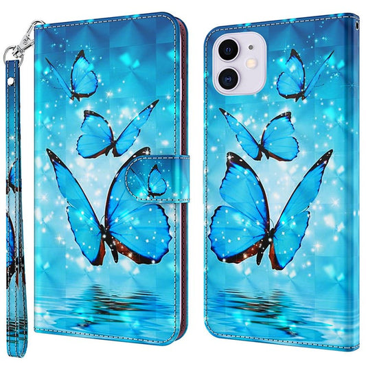 For iPhone 14 6.1 inch Shockproof PU Leather Phone Case Stand 3D Pattern Printed Magnet Closure Wallet Full Protection Phone Cover with Strap - Blue Butterflies