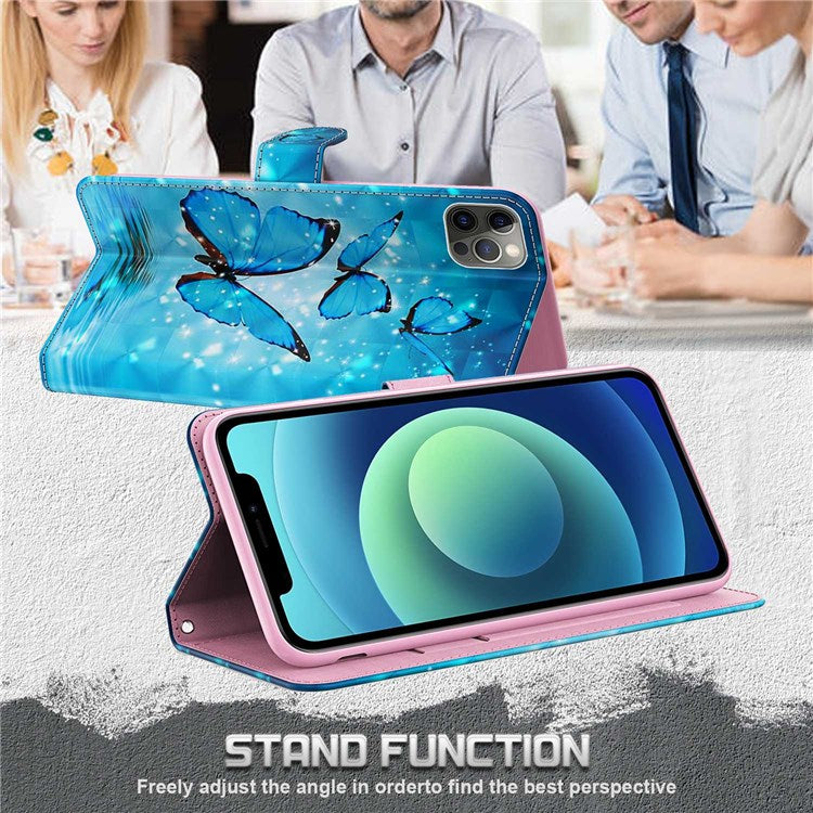 For iPhone 14 6.1 inch Shockproof PU Leather Phone Case Stand 3D Pattern Printed Magnet Closure Wallet Full Protection Phone Cover with Strap - Blue Butterflies