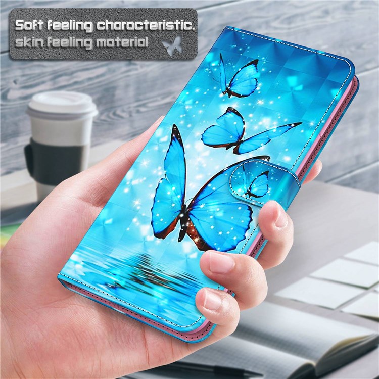 For iPhone 14 6.1 inch Shockproof PU Leather Phone Case Stand 3D Pattern Printed Magnet Closure Wallet Full Protection Phone Cover with Strap - Blue Butterflies
