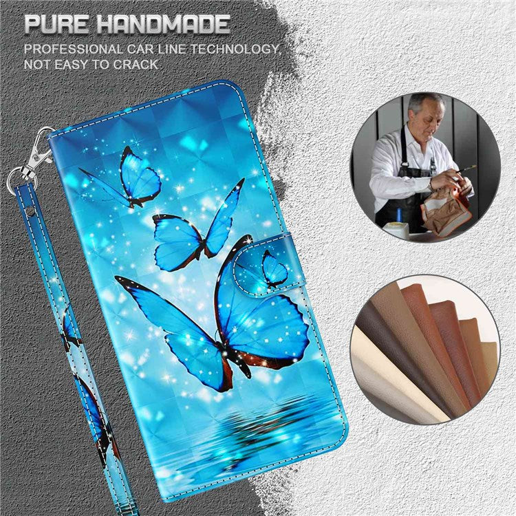 For iPhone 14 6.1 inch Shockproof PU Leather Phone Case Stand 3D Pattern Printed Magnet Closure Wallet Full Protection Phone Cover with Strap - Blue Butterflies