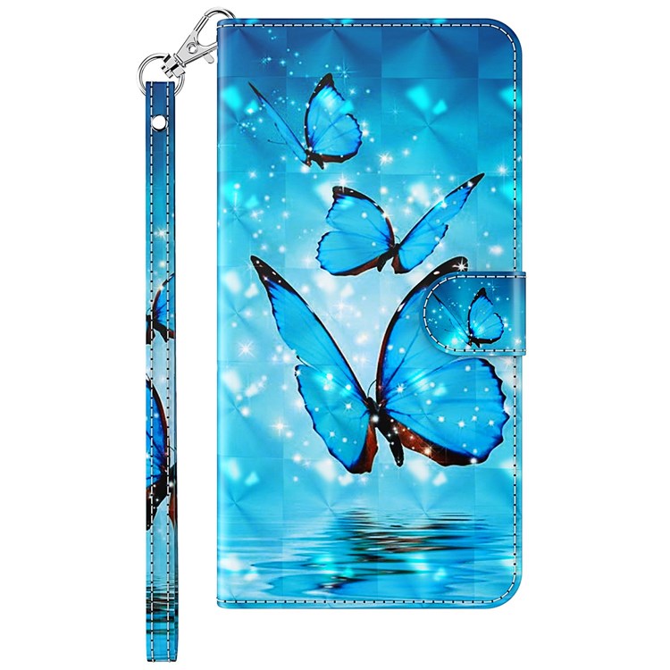 For iPhone 14 6.1 inch Shockproof PU Leather Phone Case Stand 3D Pattern Printed Magnet Closure Wallet Full Protection Phone Cover with Strap - Blue Butterflies
