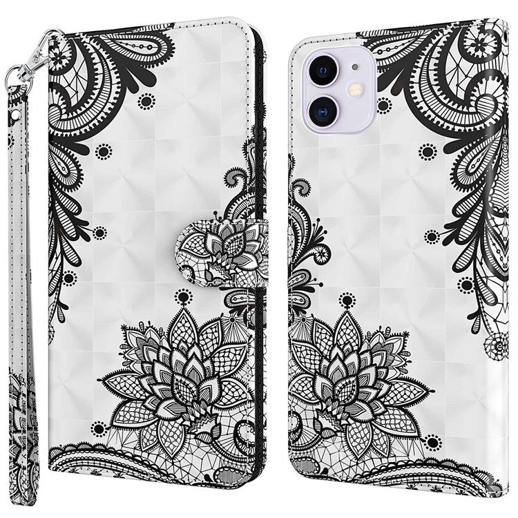 For iPhone 14 6.1 inch Shockproof PU Leather Phone Case Stand 3D Pattern Printed Magnet Closure Wallet Full Protection Phone Cover with Strap - Lace Flower