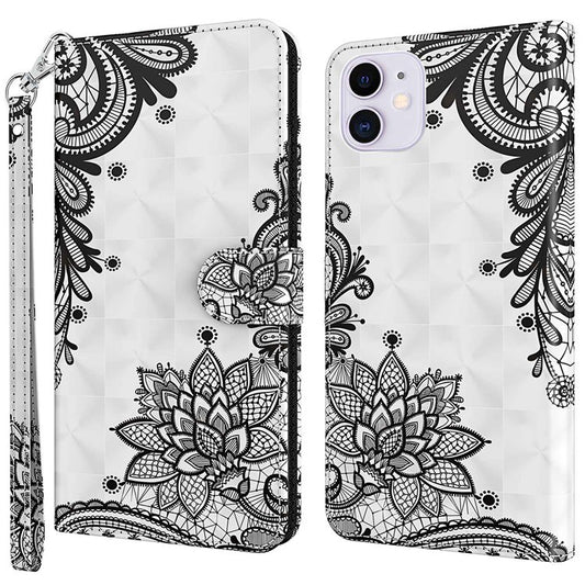 For iPhone 14 6.1 inch Shockproof PU Leather Phone Case Stand 3D Pattern Printed Magnet Closure Wallet Full Protection Phone Cover with Strap - Lace Flower