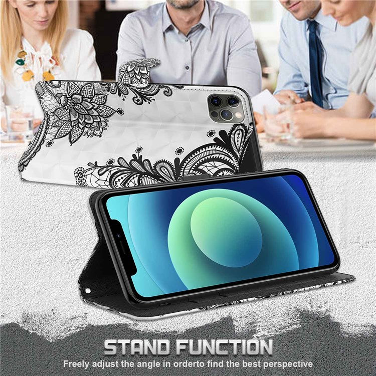 For iPhone 14 6.1 inch Shockproof PU Leather Phone Case Stand 3D Pattern Printed Magnet Closure Wallet Full Protection Phone Cover with Strap - Lace Flower