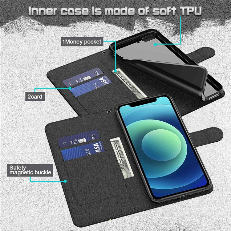 For iPhone 14 6.1 inch Shockproof PU Leather Phone Case Stand 3D Pattern Printed Magnet Closure Wallet Full Protection Phone Cover with Strap - Lace Flower