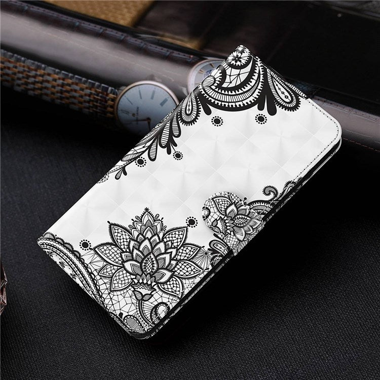 For iPhone 14 6.1 inch Shockproof PU Leather Phone Case Stand 3D Pattern Printed Magnet Closure Wallet Full Protection Phone Cover with Strap - Lace Flower