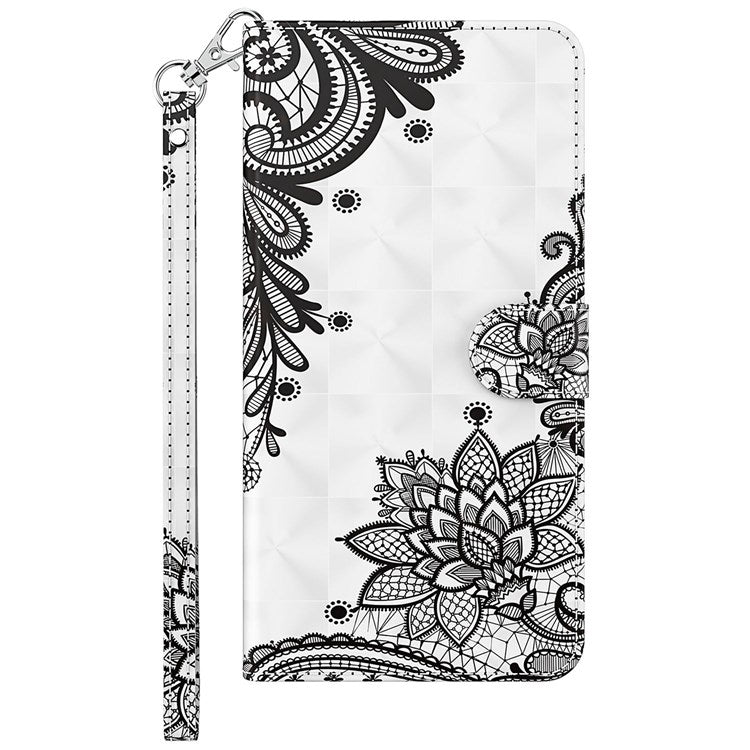 For iPhone 14 6.1 inch Shockproof PU Leather Phone Case Stand 3D Pattern Printed Magnet Closure Wallet Full Protection Phone Cover with Strap - Lace Flower