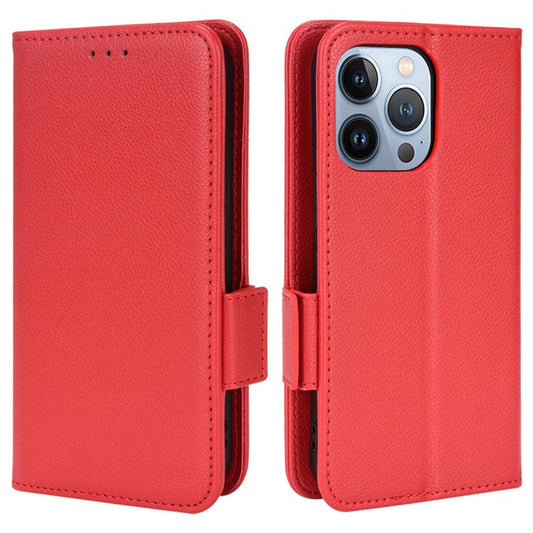 For iPhone 14 Plus 6.7 inch Shockproof Phone Case Full Covering Litchi Texture Flip Cover Stand Wallet Style Leather Shell - Red