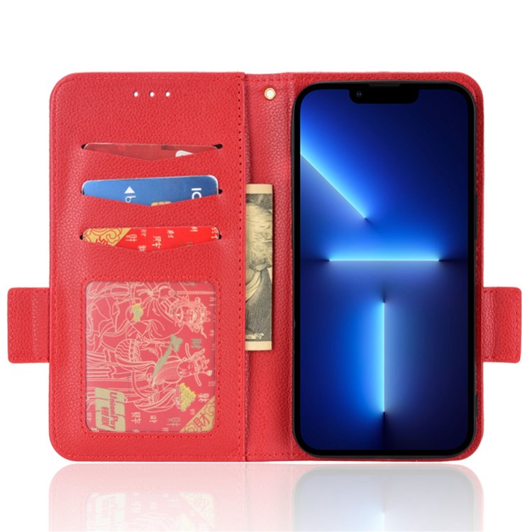 For iPhone 14 Plus 6.7 inch Shockproof Phone Case Full Covering Litchi Texture Flip Cover Stand Wallet Style Leather Shell - Red