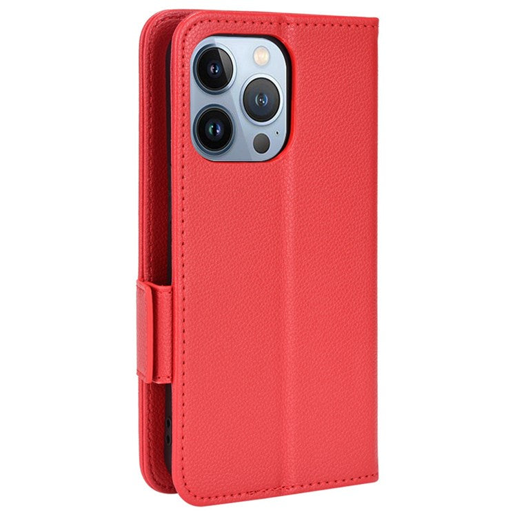 For iPhone 14 Plus 6.7 inch Shockproof Phone Case Full Covering Litchi Texture Flip Cover Stand Wallet Style Leather Shell - Red