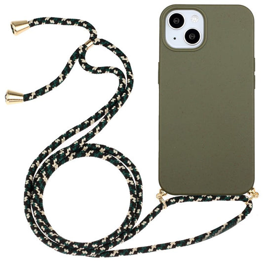 Phone Case for iPhone 14 Plus 6.7 inch, Wheat Straw + TPU Protective Smartphone Cover with Adjustable Lanyard - Army Green