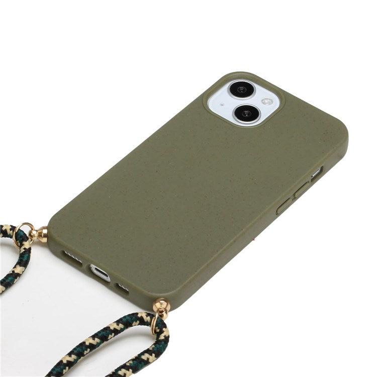 Phone Case for iPhone 14 Plus 6.7 inch, Wheat Straw + TPU Protective Smartphone Cover with Adjustable Lanyard - Army Green