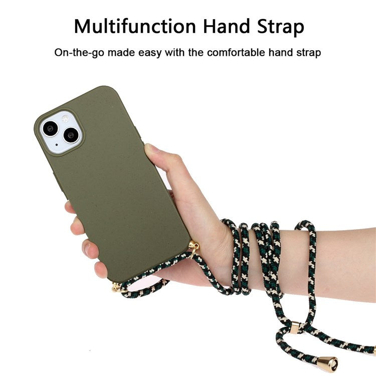 Phone Case for iPhone 14 Plus 6.7 inch, Wheat Straw + TPU Protective Smartphone Cover with Adjustable Lanyard - Army Green